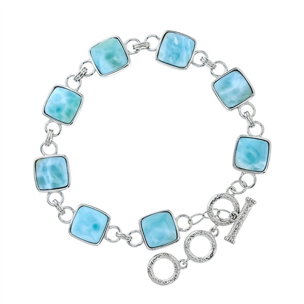 925 Sterling Silver Larimar 8 Square Link Toggle Bracelet 8.5"